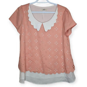 Poone Coral Pink White Layered Dressy Short Sleeve Top Eyelet  Cutouts Small